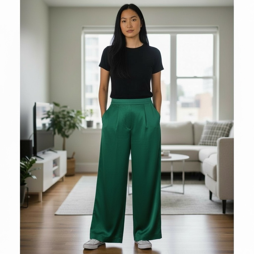 Fashion Nova: Emerald Green Wide-Leg Satin Pants